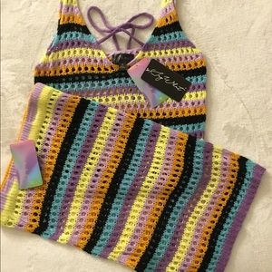 Crochet Knit Set matching tank top  and skirt festival  boho rainbow small